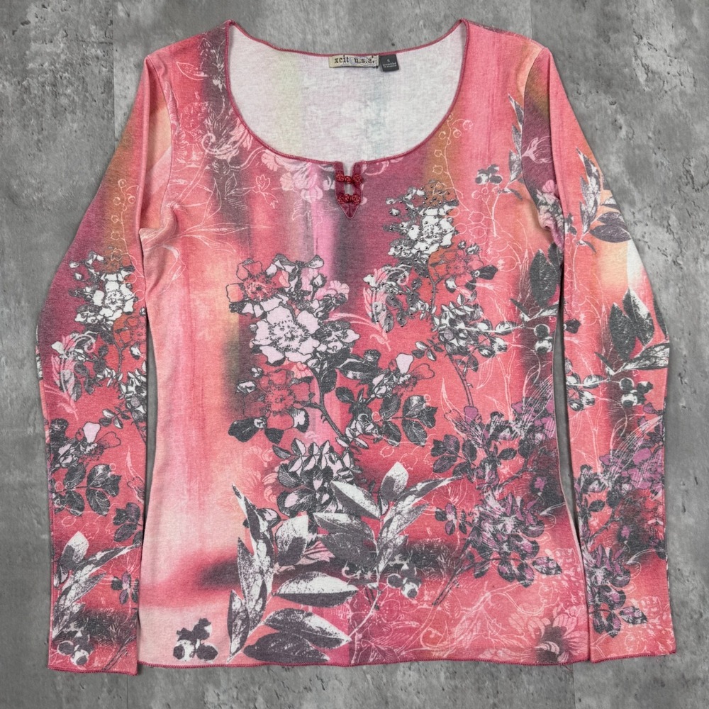 Vintage XCIT USA Top Womens Small Pink Floral Rhinestone Cute Bling Retro Y2K